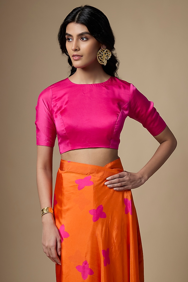 Orange & Pink Pure Habutai Silk Printed Festive Saree Set by Ranbir Mukherjee at Pernia's Pop Up Shop