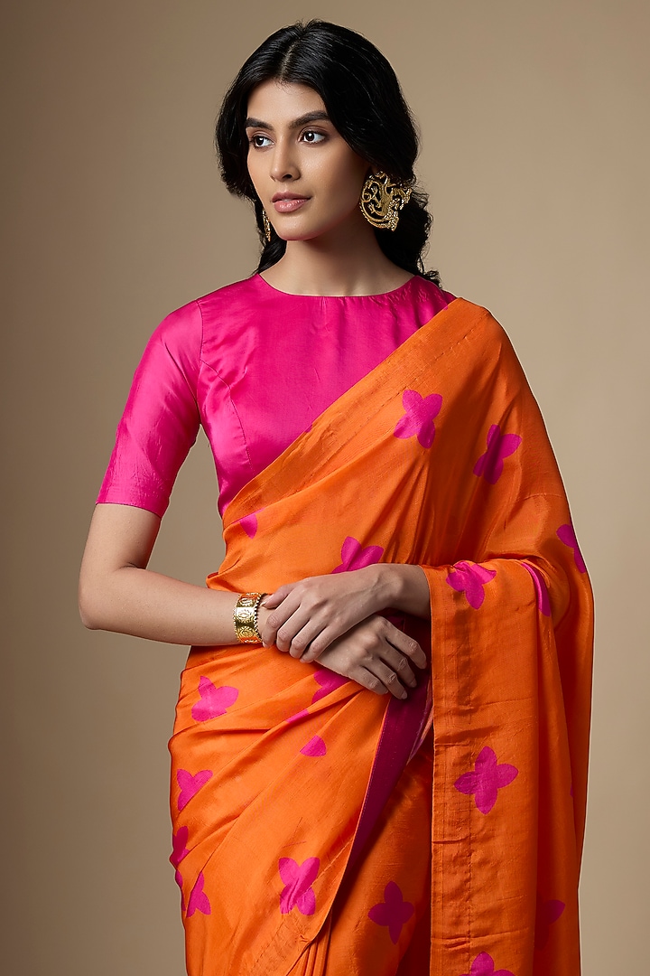 Orange & Pink Pure Habutai Silk Printed Festive Saree Set by Ranbir Mukherjee at Pernia's Pop Up Shop