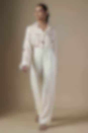 White Pure Satin Silk & Crepe Embroidered Co-Ord Set by Ranbir Mukherjee at Pernia's Pop Up Shop