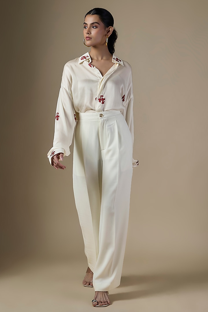 White Pure Satin Silk & Crepe Embroidered Co-Ord Set by Ranbir Mukherjee at Pernia's Pop Up Shop