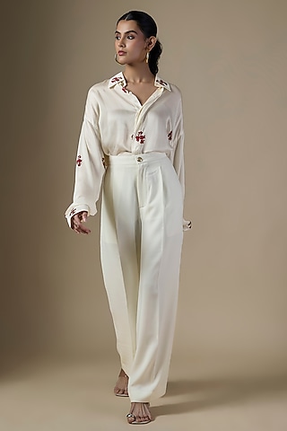 White Pure Satin Silk & Crepe Embroidered Co-Ord Set by Ranbir Mukherjee