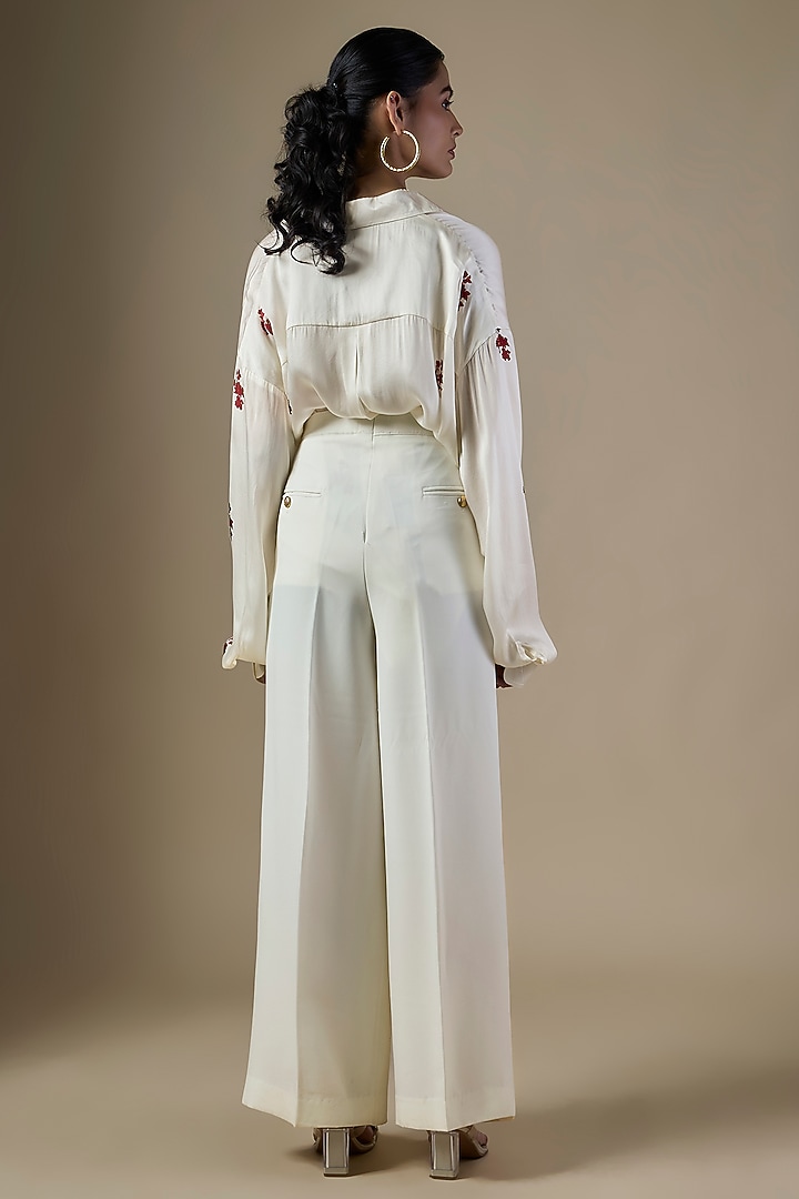 White Pure Satin Silk & Crepe Embroidered Co-Ord Set by Ranbir Mukherjee at Pernia's Pop Up Shop