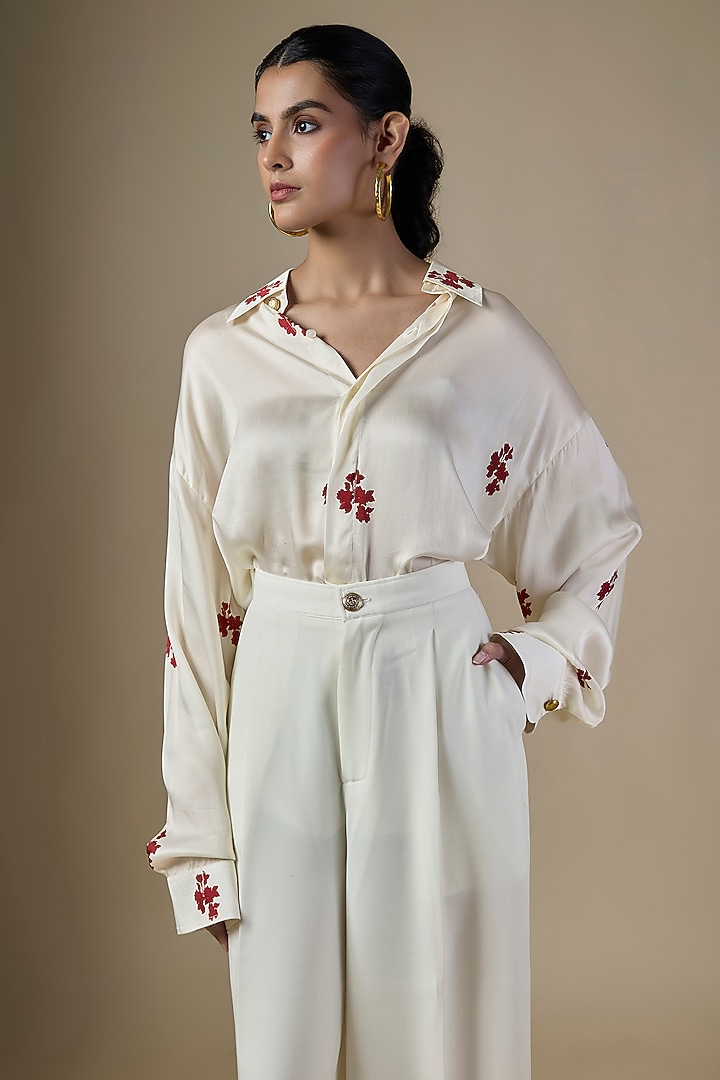 White Pure Satin Silk & Crepe Embroidered Co-Ord Set by Ranbir Mukherjee at Pernia's Pop Up Shop