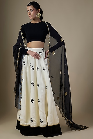 White Pure Satin Silk Embroidered & Printed Lehenga Set by Ranbir Mukherjee