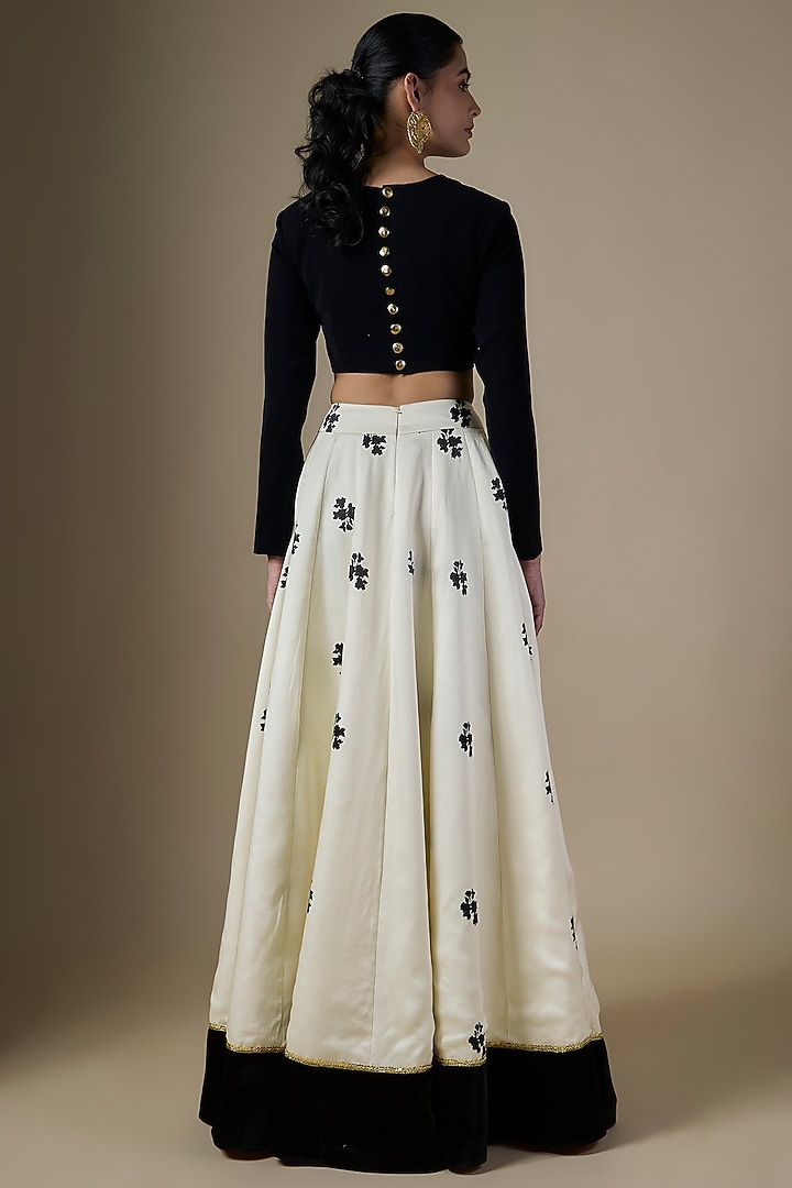 White Pure Satin Silk Embroidered & Printed Wedding Lehenga Set by Ranbir Mukherjee at Pernia's Pop Up Shop