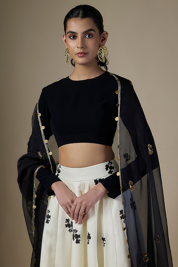 White Pure Satin Silk Embroidered & Printed Wedding Lehenga Set by Ranbir Mukherjee at Pernia's Pop Up Shop