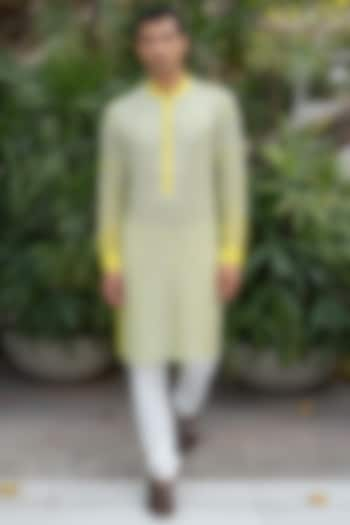 Neon Yellow Georgette Zari & Sequins Embroidered Kurta Set by Rabani & Rakha Men