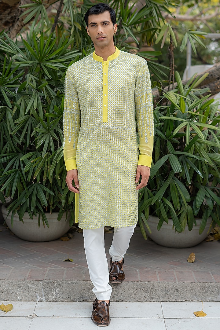 Neon Yellow Georgette Zari & Sequins Embroidered Kurta Set by Rabani & Rakha Men