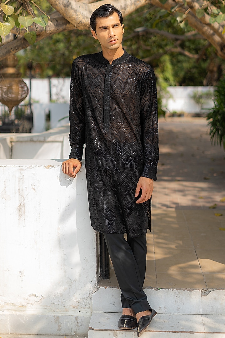Black Georgette Embroidered Kurta by Rabani & Rakha Men at Pernia's Pop Up Shop