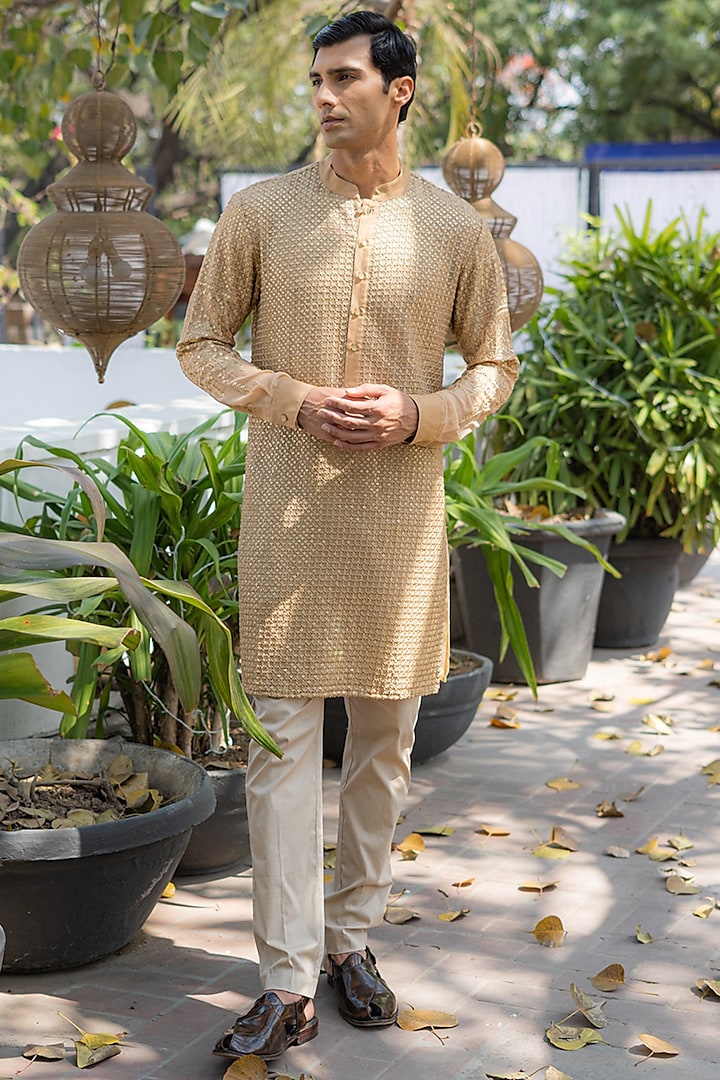 Nude Georgette Embroidered Kurta Set by Rabani & Rakha Men