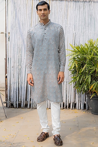Ivory Sheeted Georgette Printed Kurta Set by Rabani & Rakha Men