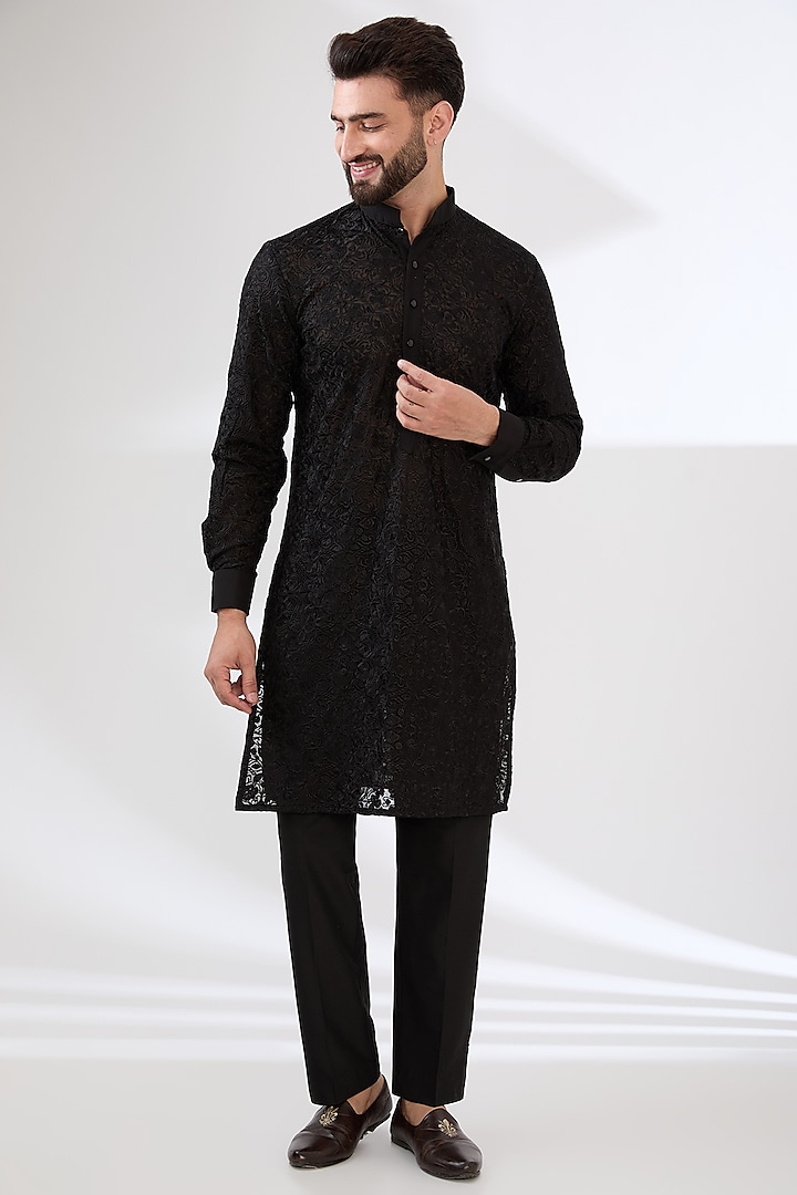 Black Georgette Thread Work Kurta Set by Rabani & Rakha Men