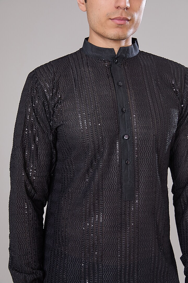 Black Georgette Embroidered Kurta Set by Rabani & Rakha Men at Pernia's Pop Up Shop