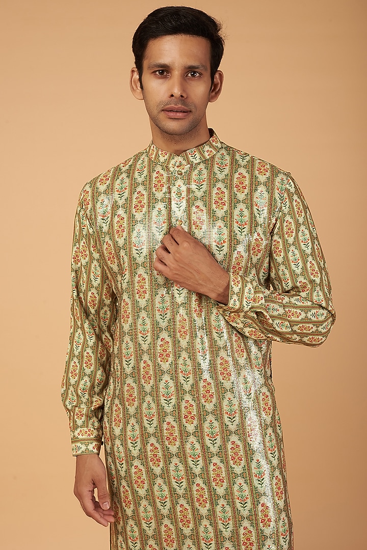 Beige Crepe Stripe Printed Kurta by Rabani & Rakha Men at Pernia's Pop Up Shop