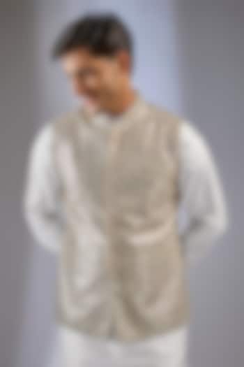 Ivory Georgette Sequin Work Bundi Jacket by Rabani & Rakha Men at Pernia's Pop Up Shop