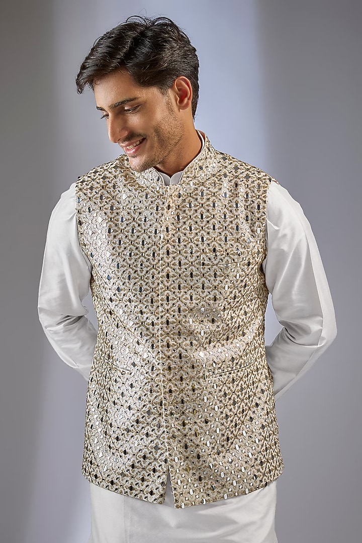 Ivory Georgette Sequin Work Bundi Jacket by Rabani & Rakha Men at Pernia's Pop Up Shop