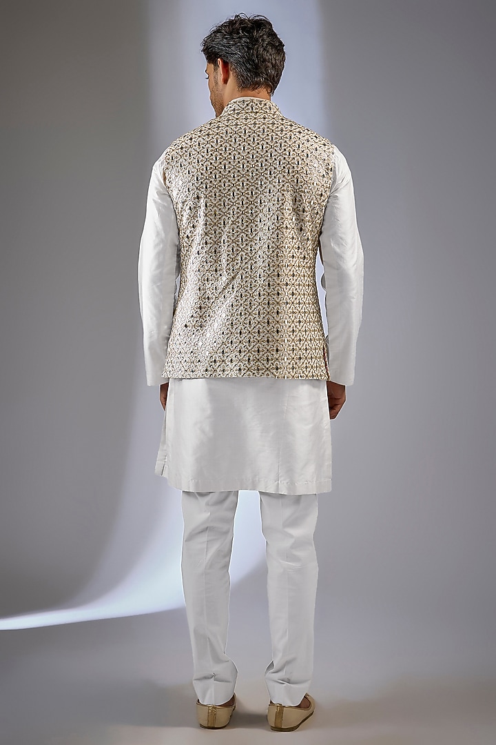 Ivory Georgette Sequin Work Bundi Jacket by Rabani & Rakha Men at Pernia's Pop Up Shop