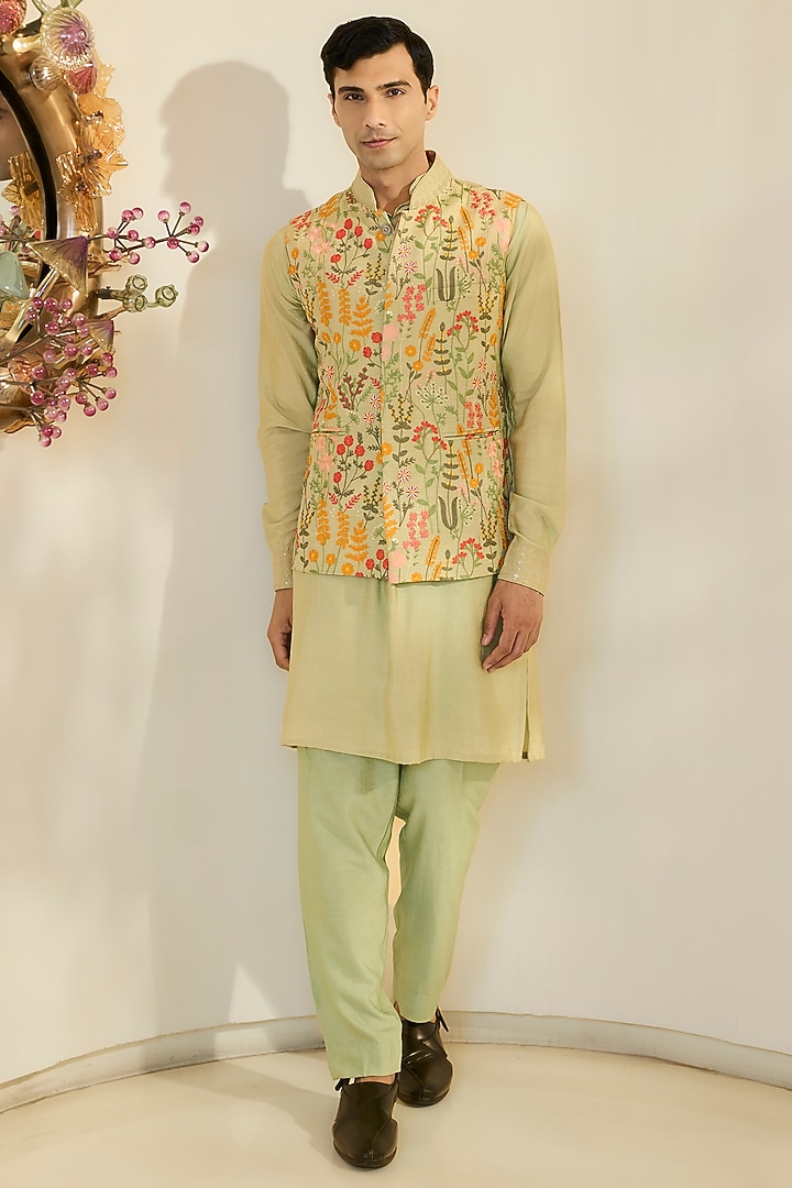 Pista Green Raw Silk Thread Work Bundi Jacket Set by Rabani & Rakha Men at Pernia's Pop Up Shop