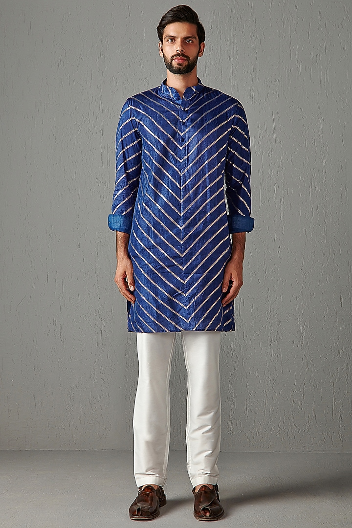 Royal Blue Silk Kurta Set by Rabani & Rakha Men at Pernia's Pop Up Shop
