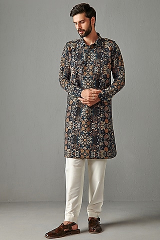 Black Georgette Printed Kurta Set by Rabani & Rakha Men