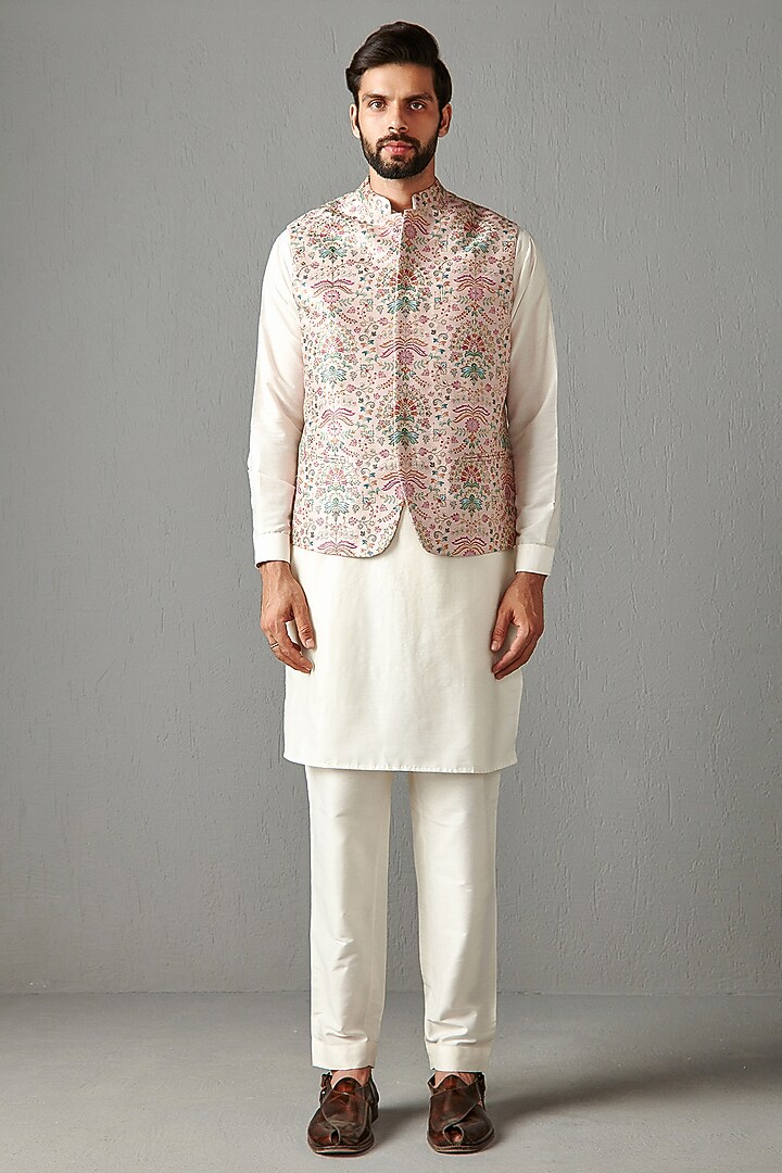 Blush Pink Raw Silk Bundi Jacket by Rabani & Rakha Men at Pernia's Pop Up Shop