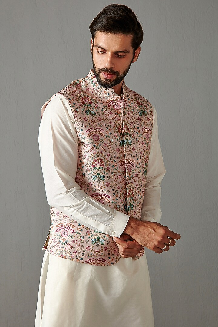 Blush Pink Raw Silk Bundi Jacket by Rabani & Rakha Men at Pernia's Pop Up Shop
