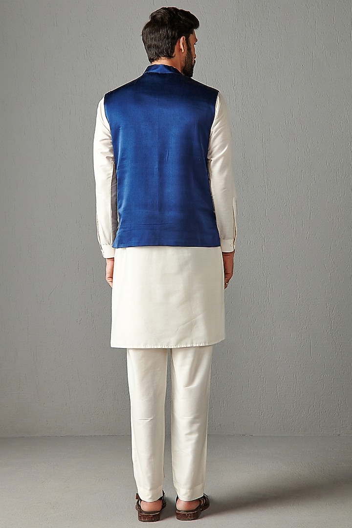 Royal Blue Chamois Satin Silk Bundi Jacket Set by Rabani & Rakha Men at Pernia's Pop Up Shop