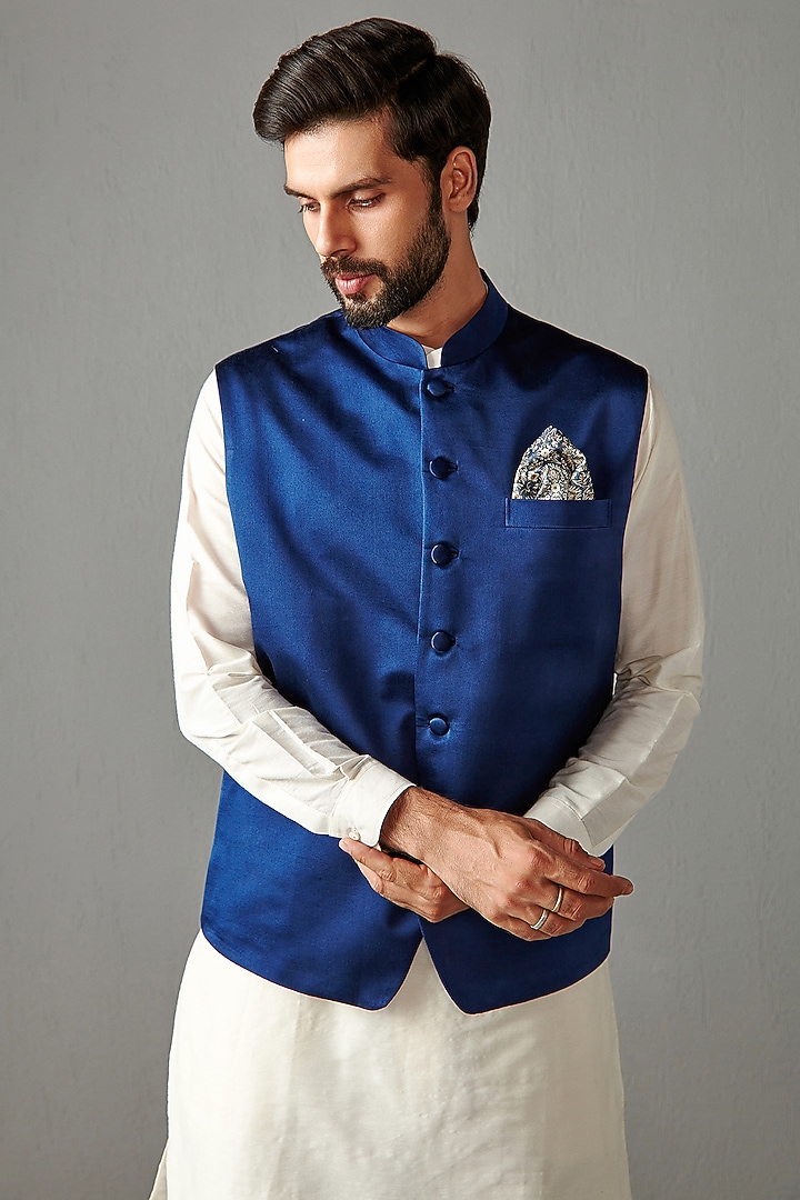 Royal Blue Chamois Satin Silk Bundi Jacket Set by Rabani & Rakha Men at Pernia's Pop Up Shop