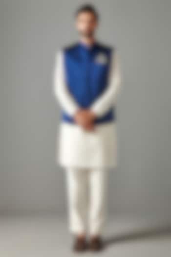 Royal Blue Chamois Satin Silk Bundi Jacket by Rabani & Rakha Men at Pernia's Pop Up Shop