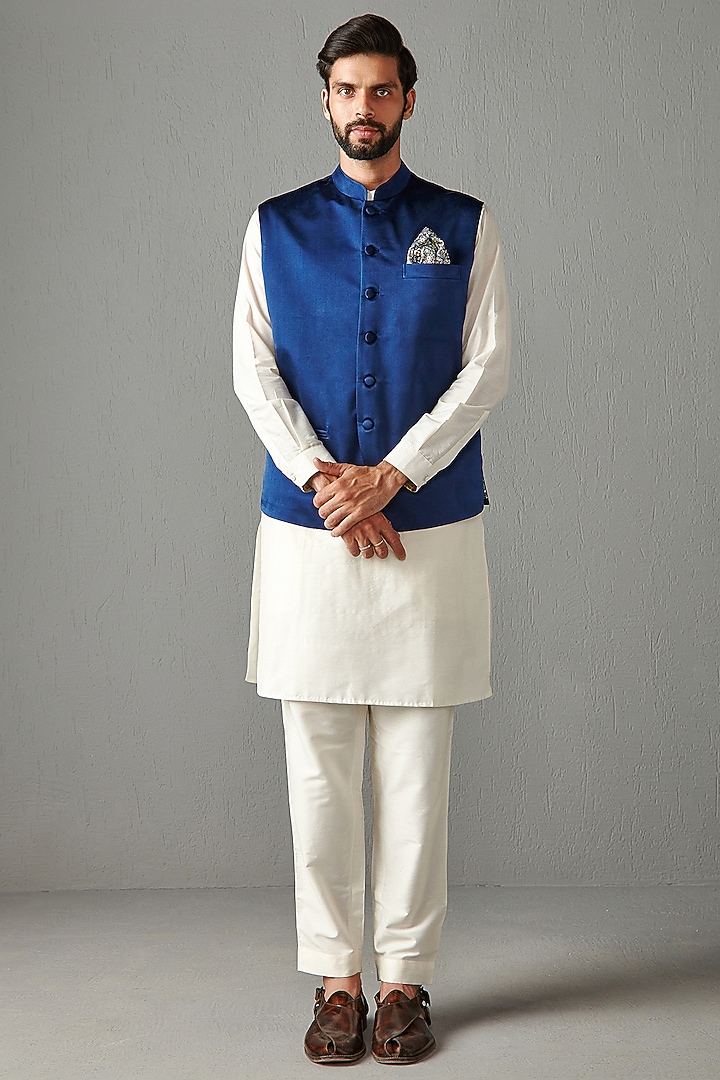 Royal Blue Chamois Satin Silk Bundi Jacket by Rabani & Rakha Men at Pernia's Pop Up Shop