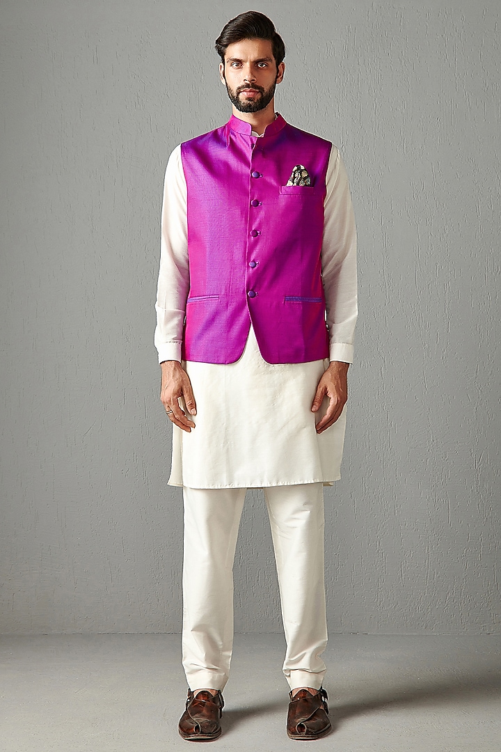 Purple Satin Silk Bundi Jacket by Rabani & Rakha Men