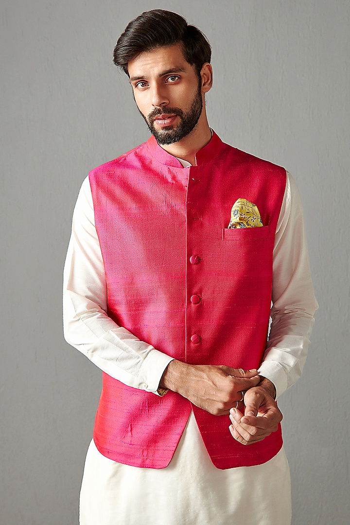 Rani Pink Chamois Satin Silk Bundi Jacket by Rabani & Rakha Men at Pernia's Pop Up Shop
