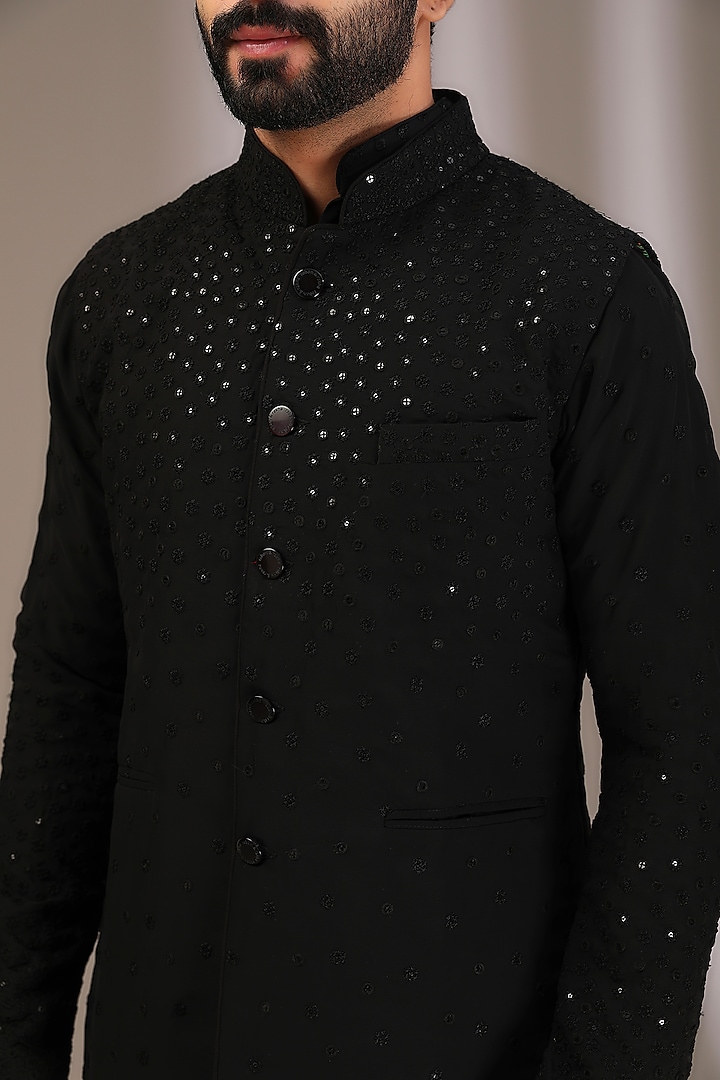 Black Georgette Thread & Sequins Embroidered Bundi Jacket Set by Rabani & Rakha Men at Pernia's Pop Up Shop