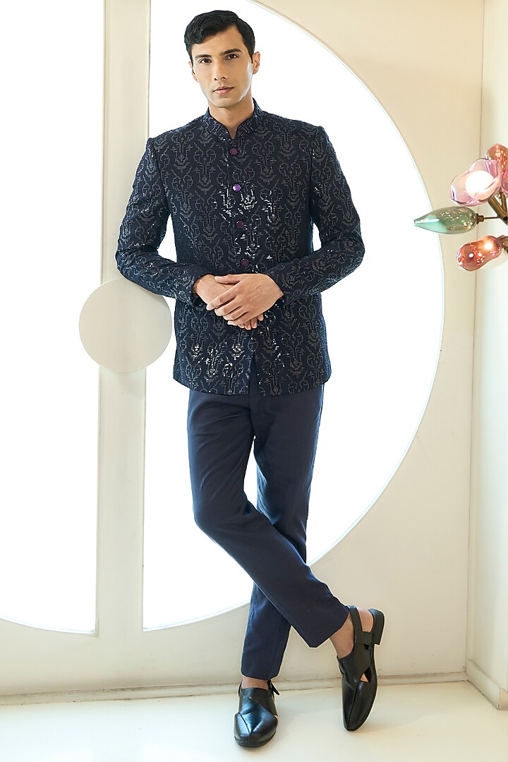 Dark Blue Georgette Thread Work Wedding Bandhgala Set by Rabani & Rakha Men at Pernia's Pop Up Shop