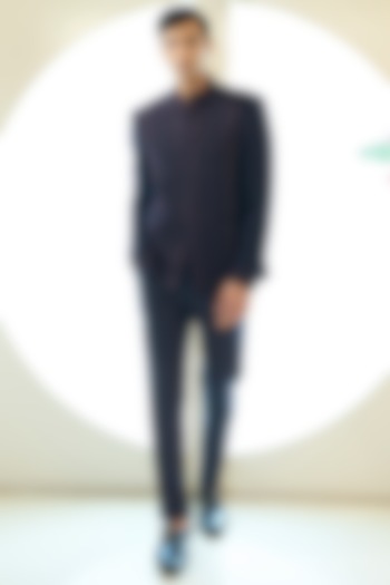 Dark Blue Georgette Thread Work Wedding Bandhgala Set by Rabani & Rakha Men at Pernia's Pop Up Shop