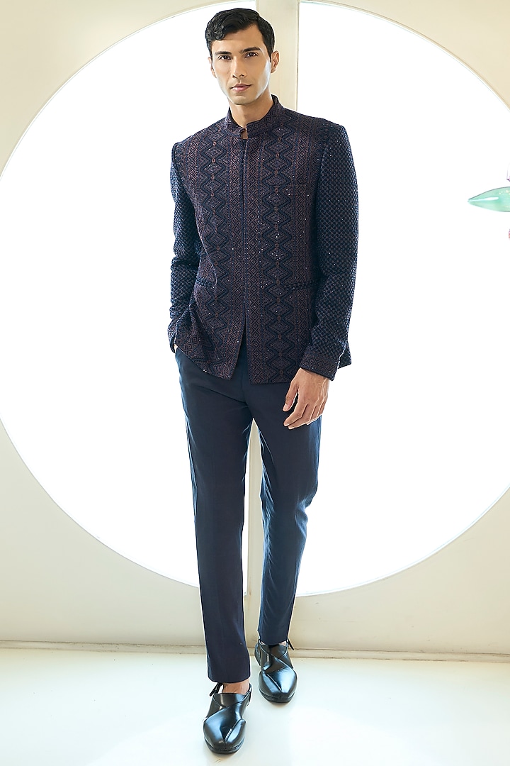 Dark Blue Georgette Thread Work Wedding Bandhgala Set by Rabani & Rakha Men at Pernia's Pop Up Shop