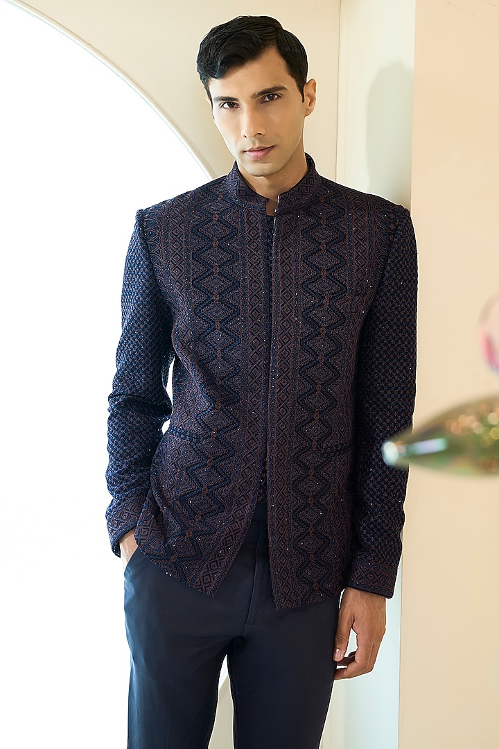 Dark Blue Georgette Thread Work Wedding Bandhgala Set by Rabani & Rakha Men at Pernia's Pop Up Shop