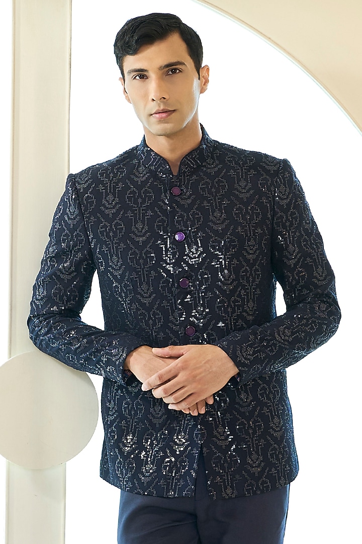 Dark Blue Georgette Thread Work Wedding Bandhgala Set by Rabani & Rakha Men at Pernia's Pop Up Shop