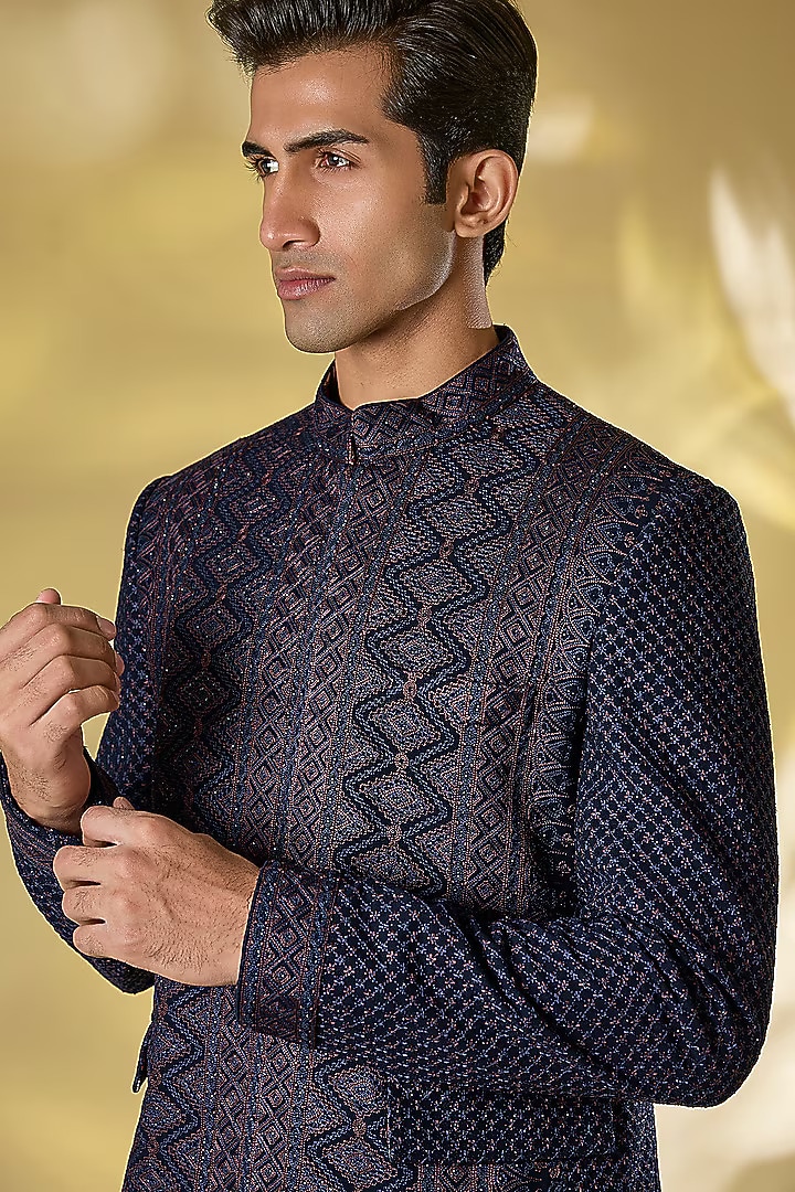 Blue Georgette Wedding Bandhgala Set by Rabani & Rakha Men at Pernia's Pop Up Shop