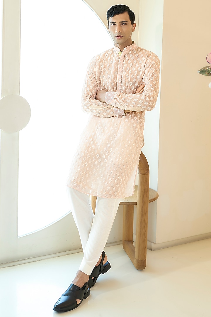 Blush Pink Organza Thread Work Kurta Set by Rabani & Rakha Men at Pernia's Pop Up Shop