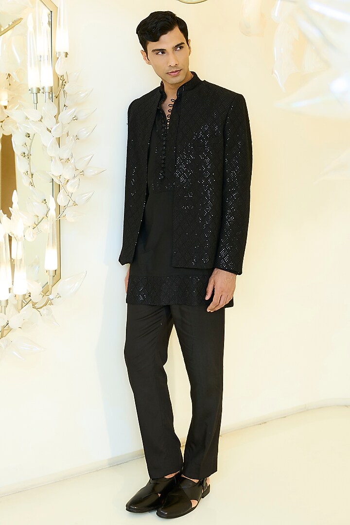 Black Georgette Thread Work Open-Jacket Set by Rabani & Rakha Men at Pernia's Pop Up Shop