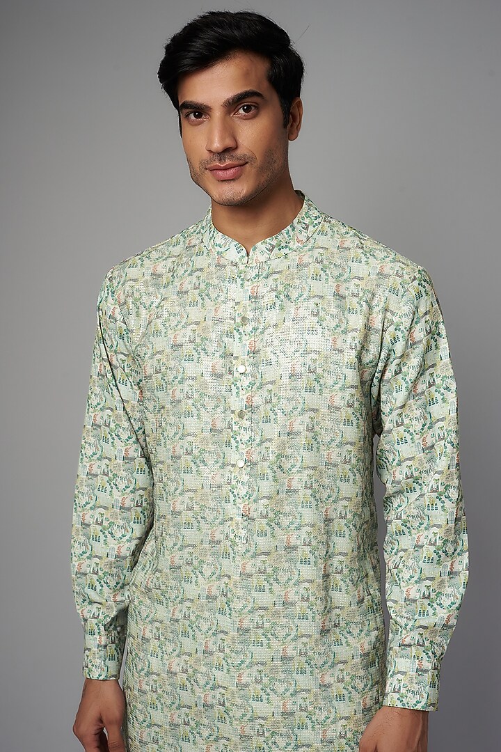 Green Crepe Printed Kurta by Rabani & Rakha Men at Pernia's Pop Up Shop