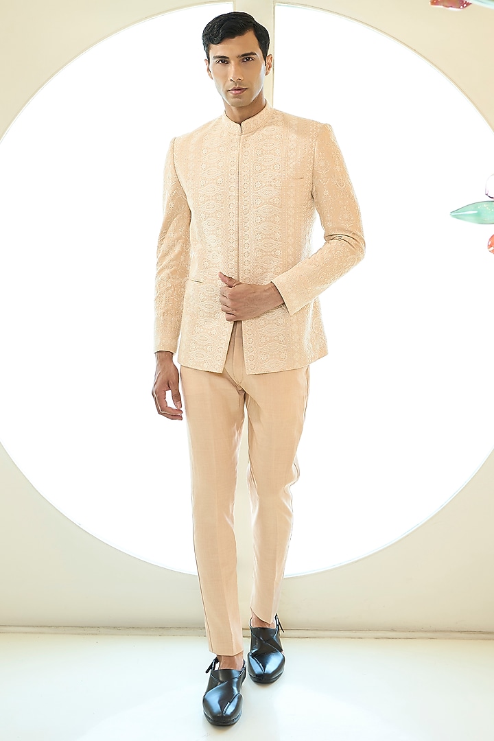 Salmon Pink Georgette Thread Work Wedding Bandhgala Set by Rabani & Rakha Men at Pernia's Pop Up Shop
