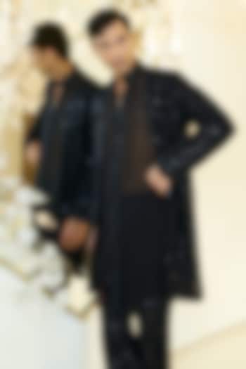 Black Net Cutwork Indo Western Jacket Set by Rabani & Rakha Men at Pernia's Pop Up Shop