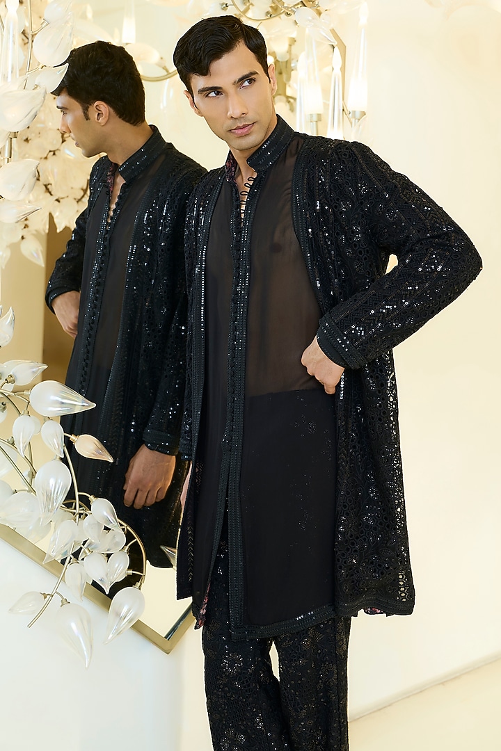 Black Net Cutwork Indo Western Jacket Set by Rabani & Rakha Men at Pernia's Pop Up Shop