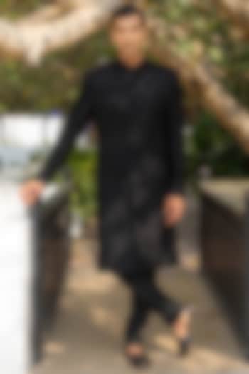 Black Georgette Embroidered Sherwani Set by Rabani & Rakha Men