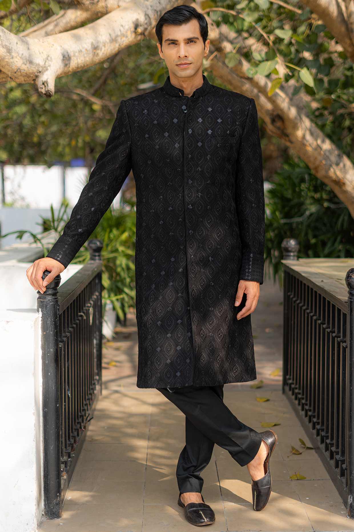Black Georgette Embroidered Sherwani Set by Rabani & Rakha Men