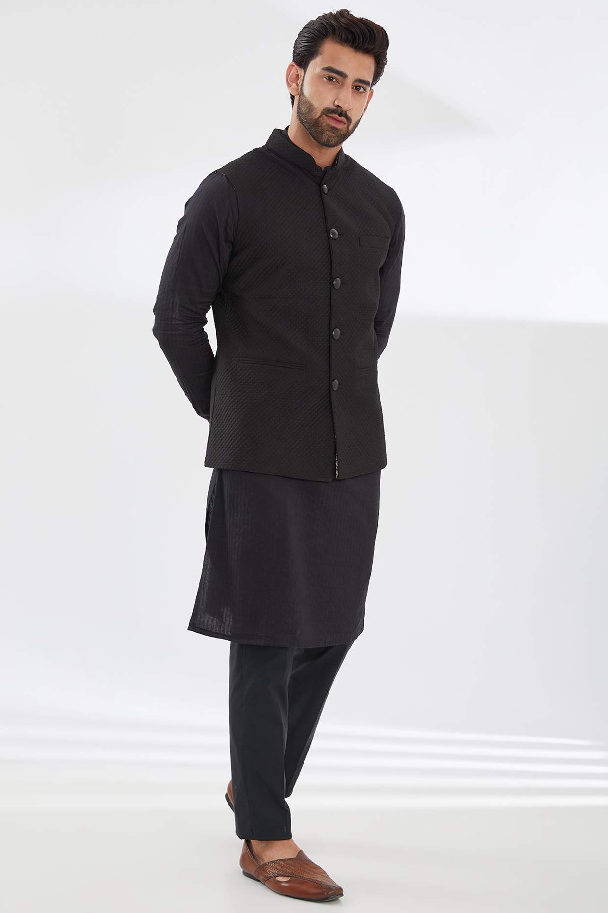 Black Cotton Silk Bundi Jacket Set by Rabani & Rakha Men
