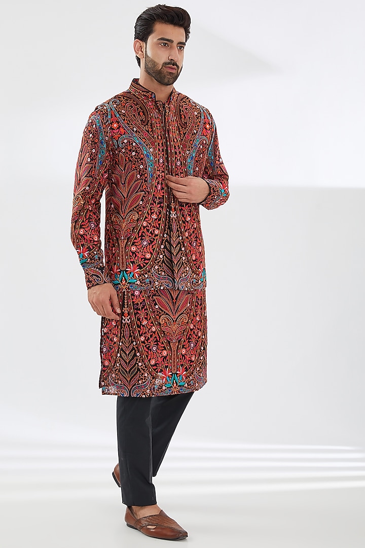 Black Georgette Embroidered Bundi Jacket Set by Rabani & Rakha Men