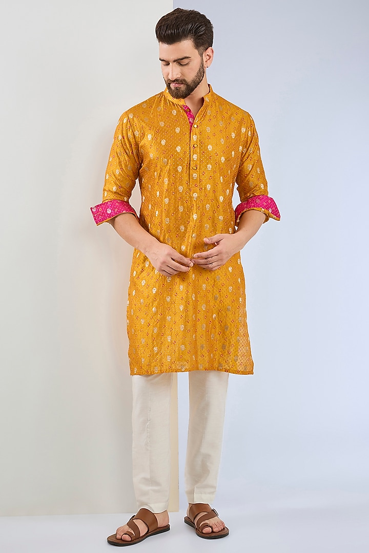 Yellow Silk Sequins Work Kurta Set by Rabani & Rakha Men